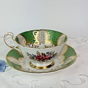 Vintage Paragon Tea Cup and Saucer Green Gold England Roses Reg'd